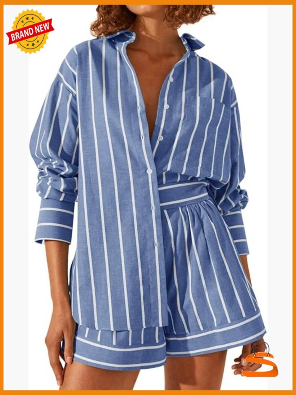 2 Piece Striped Long Sleeve Button Down Shirt Shorts Set
